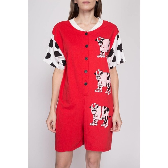 80s Retro Cow Romper - Medium to Large | Vintage Loungewear Playsuit Outfit - Picture 2 of 8